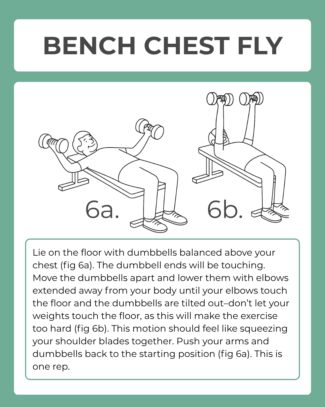 Instructions for a bench chest fly exercise with line drawings and text.