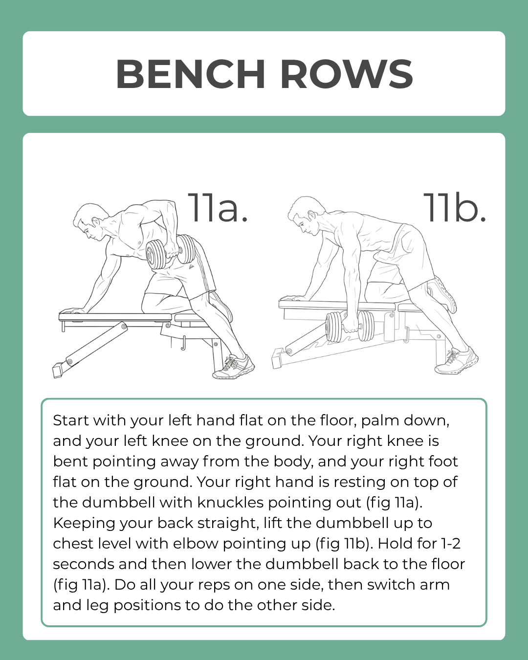 Instructions for bench rows with line drawings of a person performing the exercise.