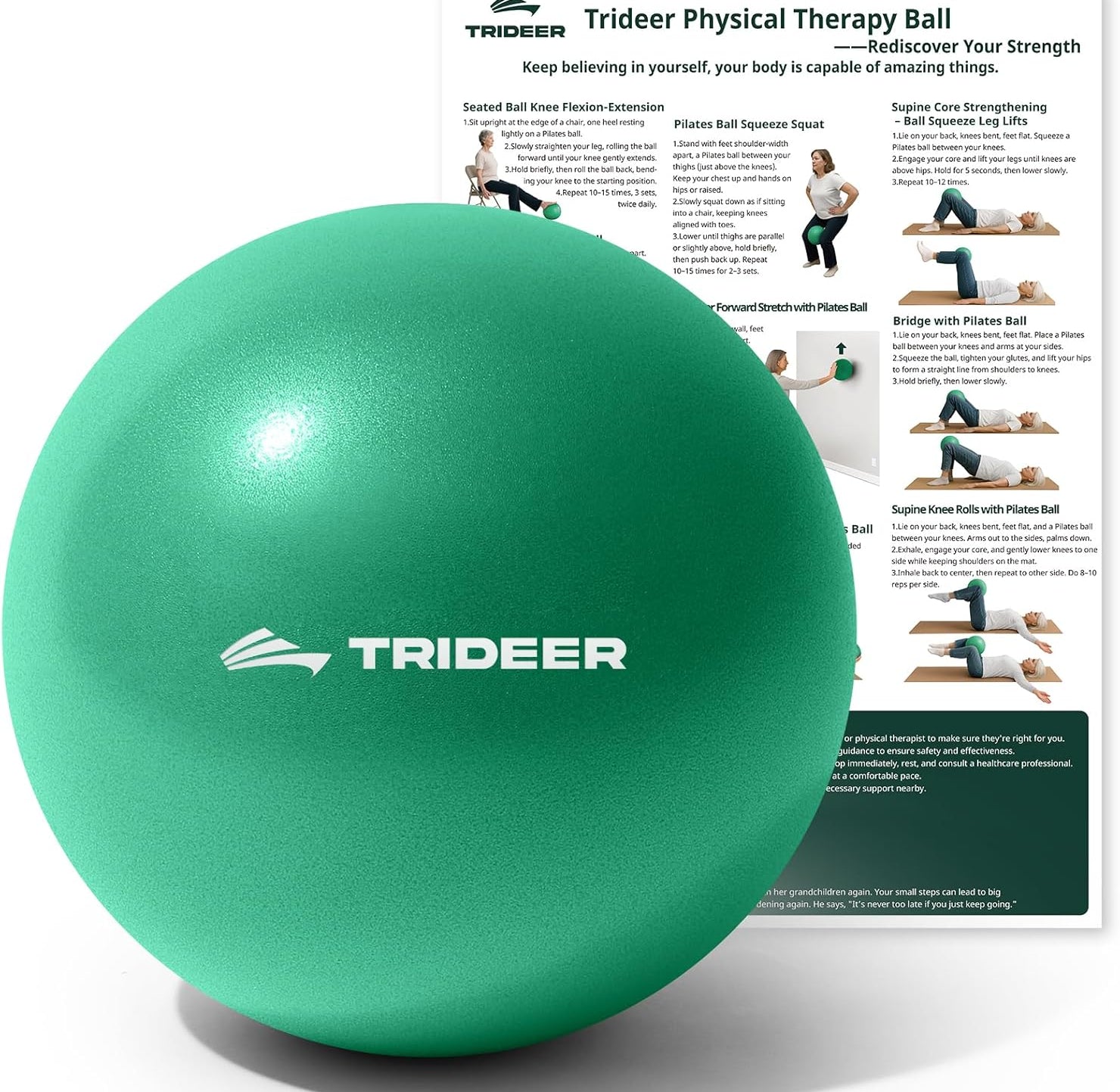 Green Trideer physical therapy ball with exercise instructions in the background