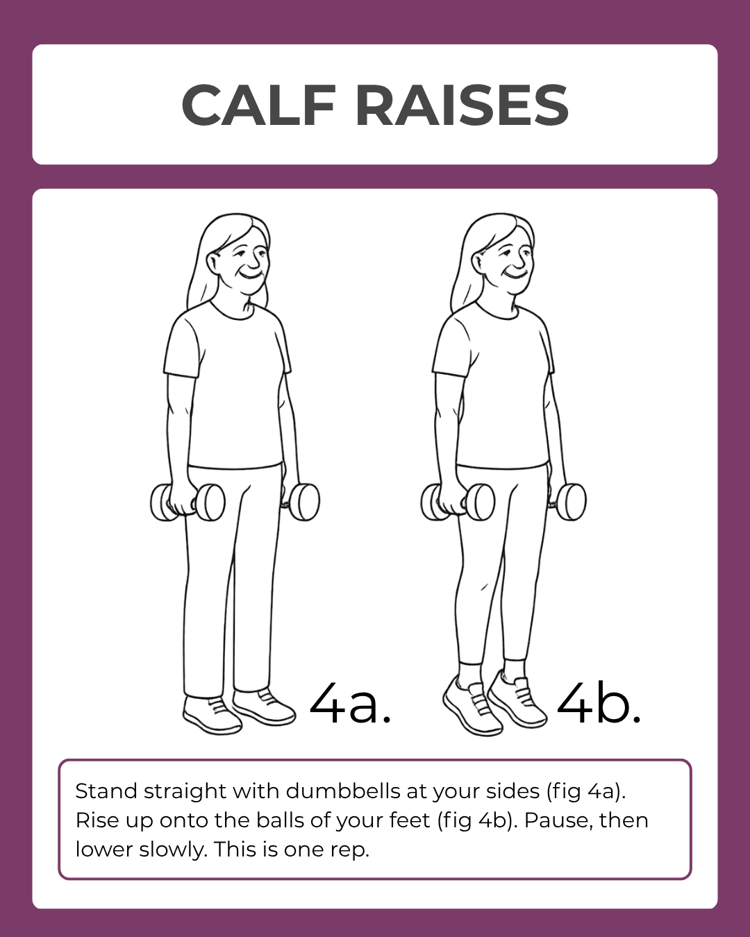 Illustration of a person performing calf raises with dumbbells on a purple background