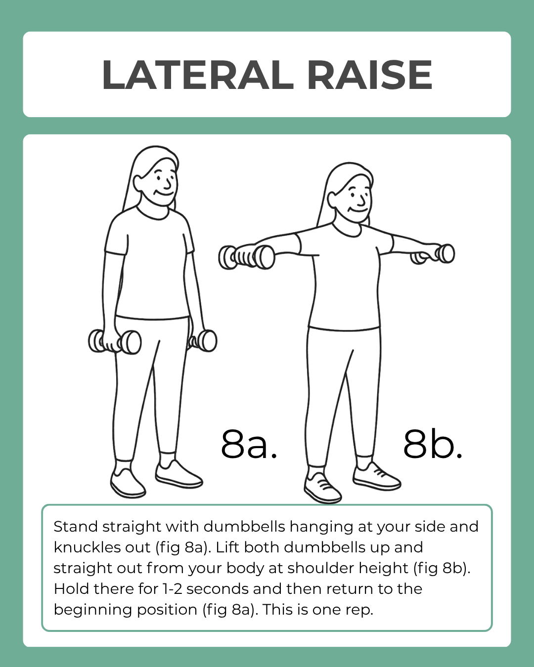 Illustration of a person performing a lateral raise exercise with dumbbells on a green background.