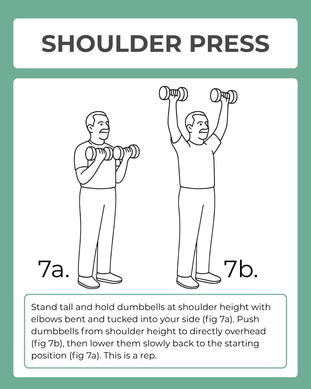 Illustration of a shoulder press exercise with text instructions on a green background