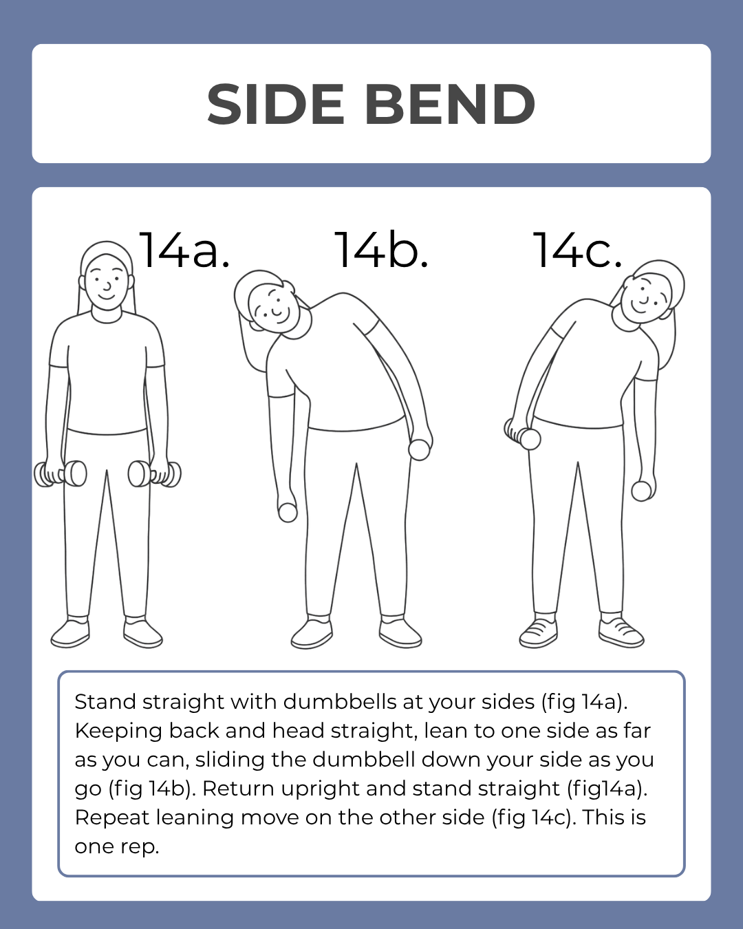 Illustration of a side bend exercise with instructions on a blue background