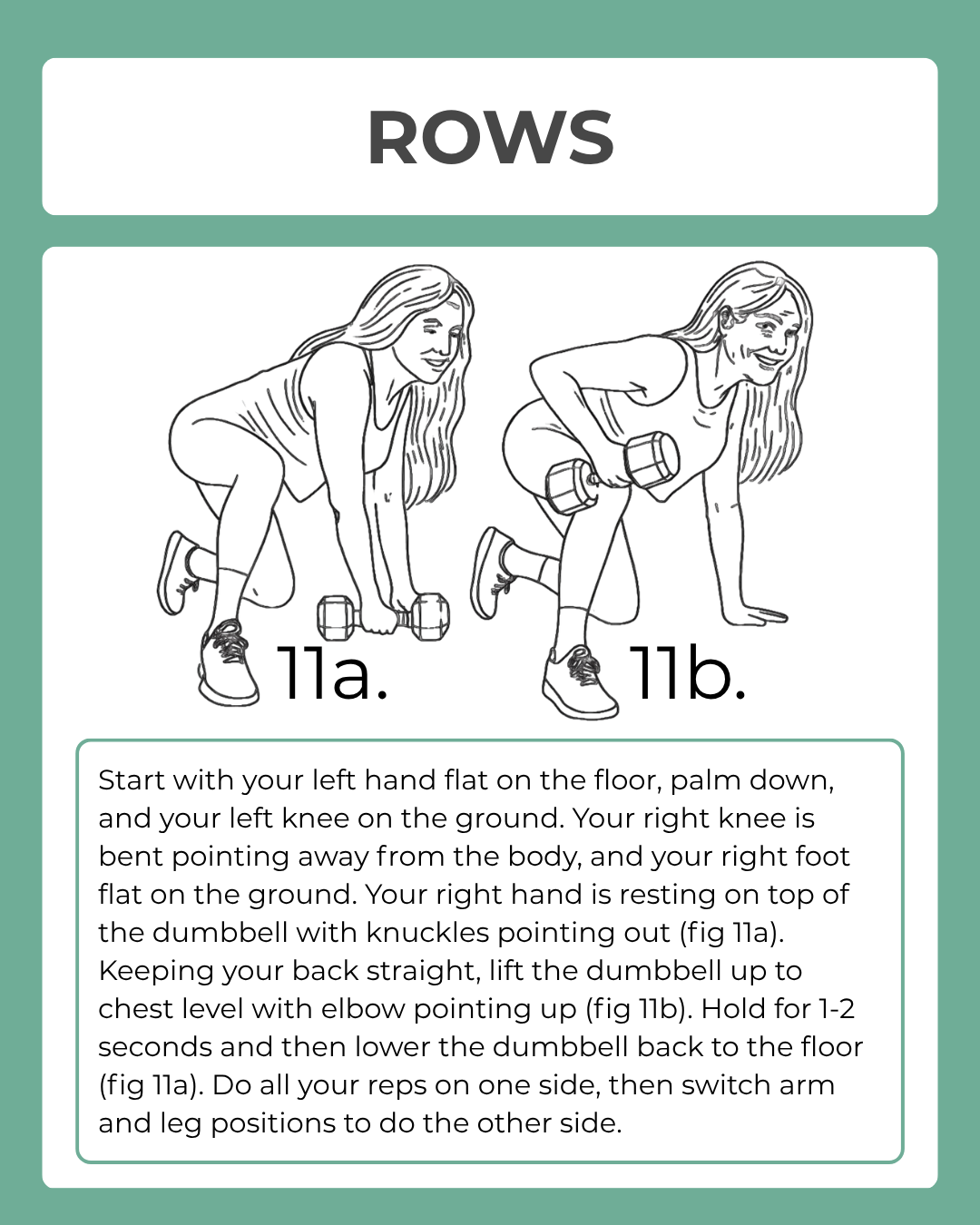 Illustration of a woman performing rows with dumbbells on a green background