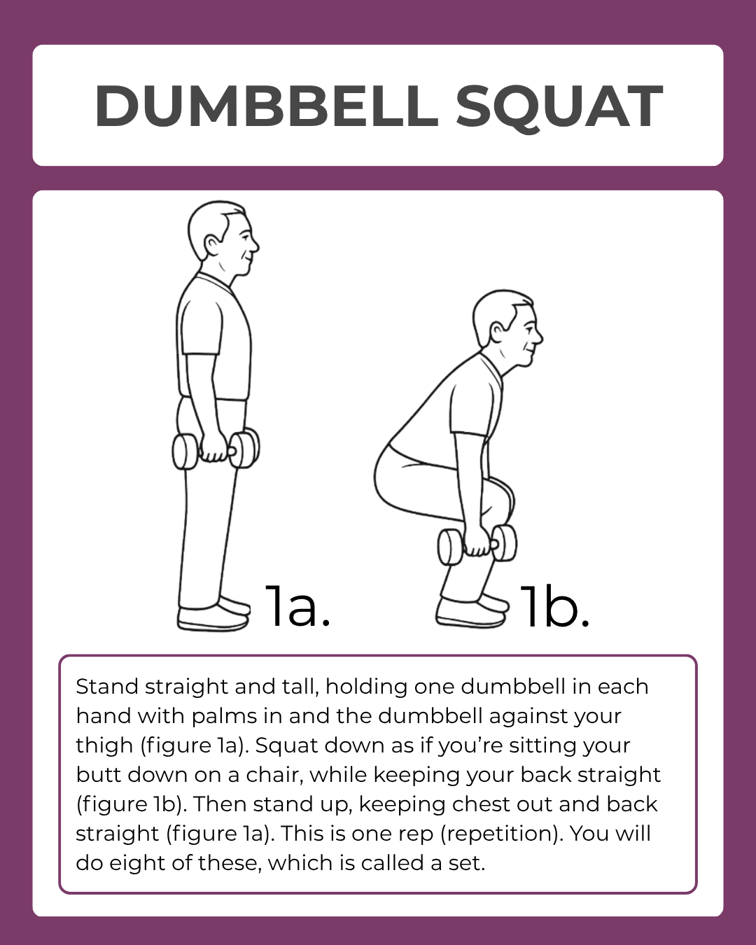 Illustration of a dumbbell squat exercise with instructions on a purple background