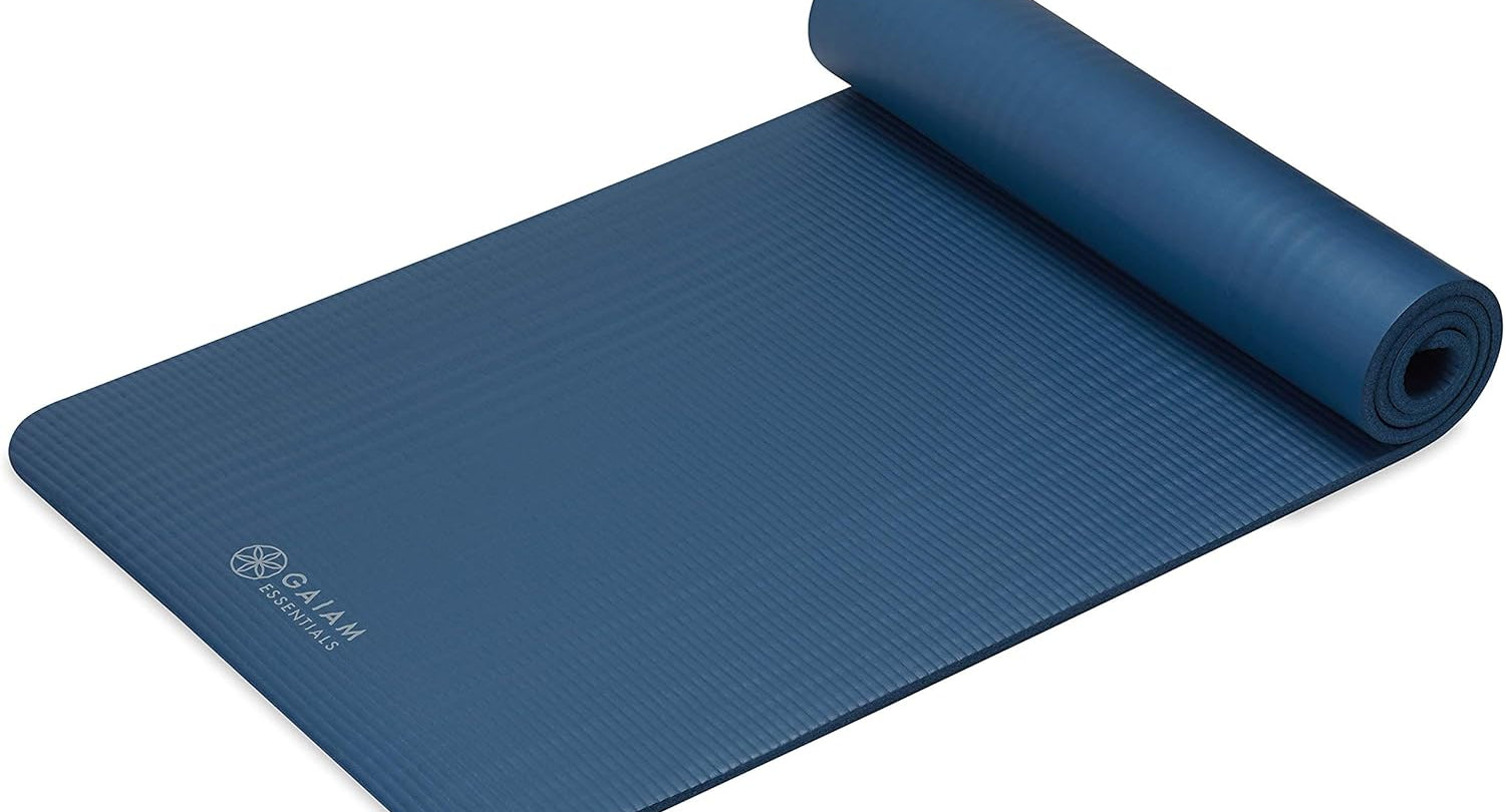 Blue yoga mat with a brand logo on a white background