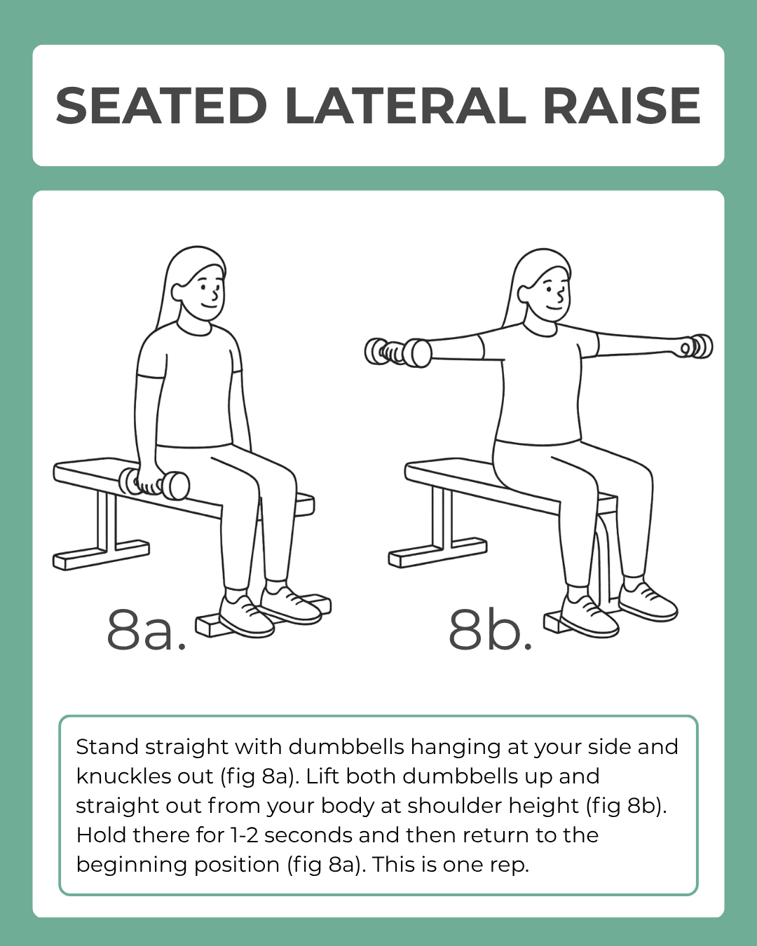 Instructional diagram for seated lateral raise exercise with line art and text on a green background.