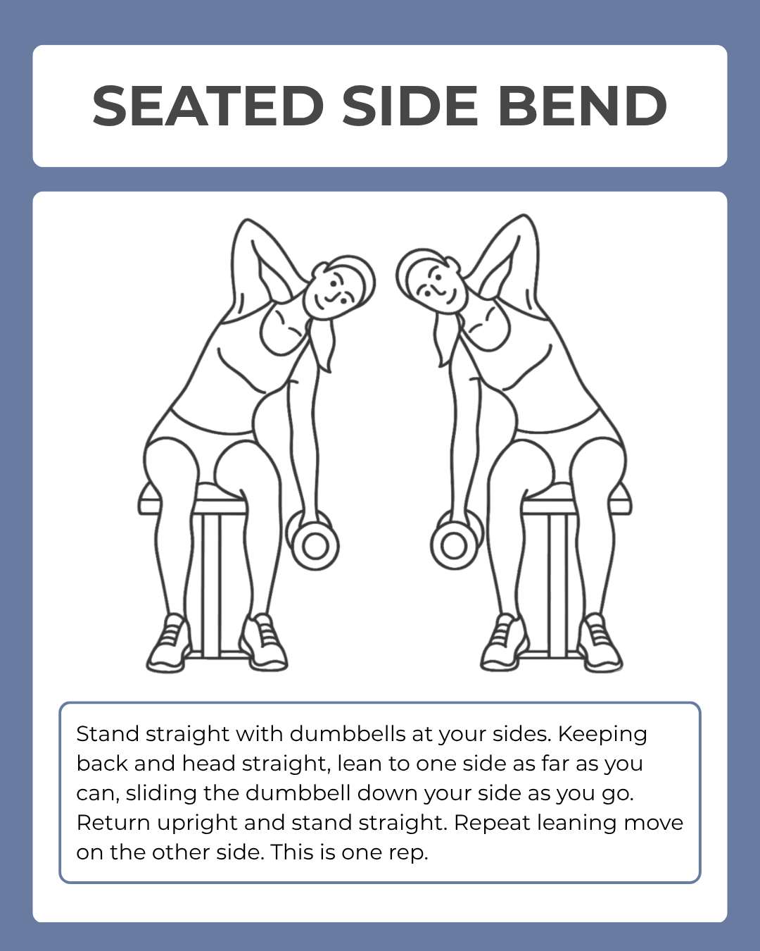 Illustration of a seated side bend exercise with text instructions on a blue background