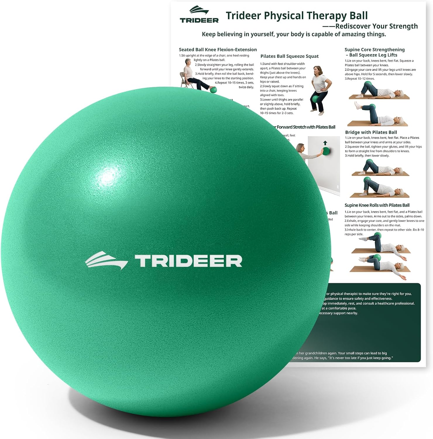 Green Trideer physical therapy ball with exercise instructions in the background