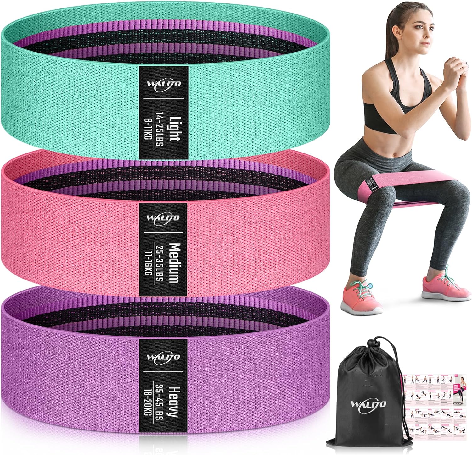 Three resistance bands in green, pink, and purple with a woman using a pink band in the background.
