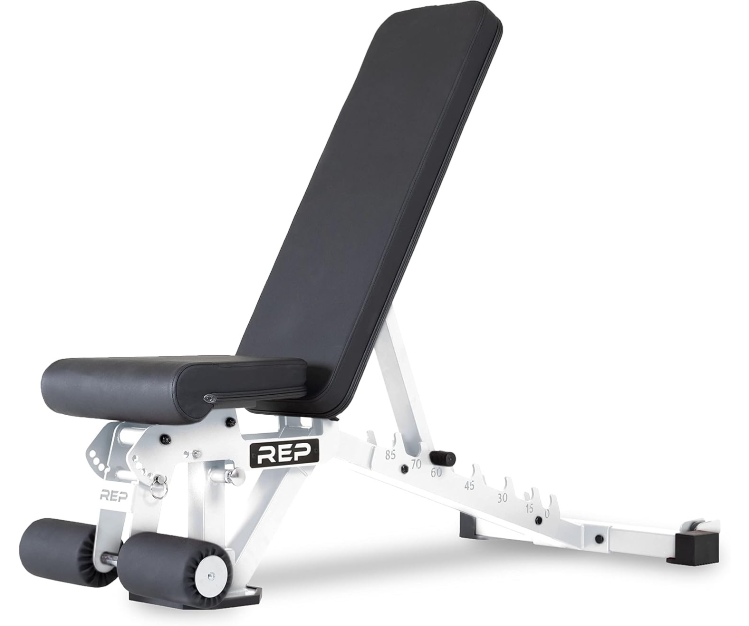 Black and white adjustable weight bench with 'REP' branding on a white background