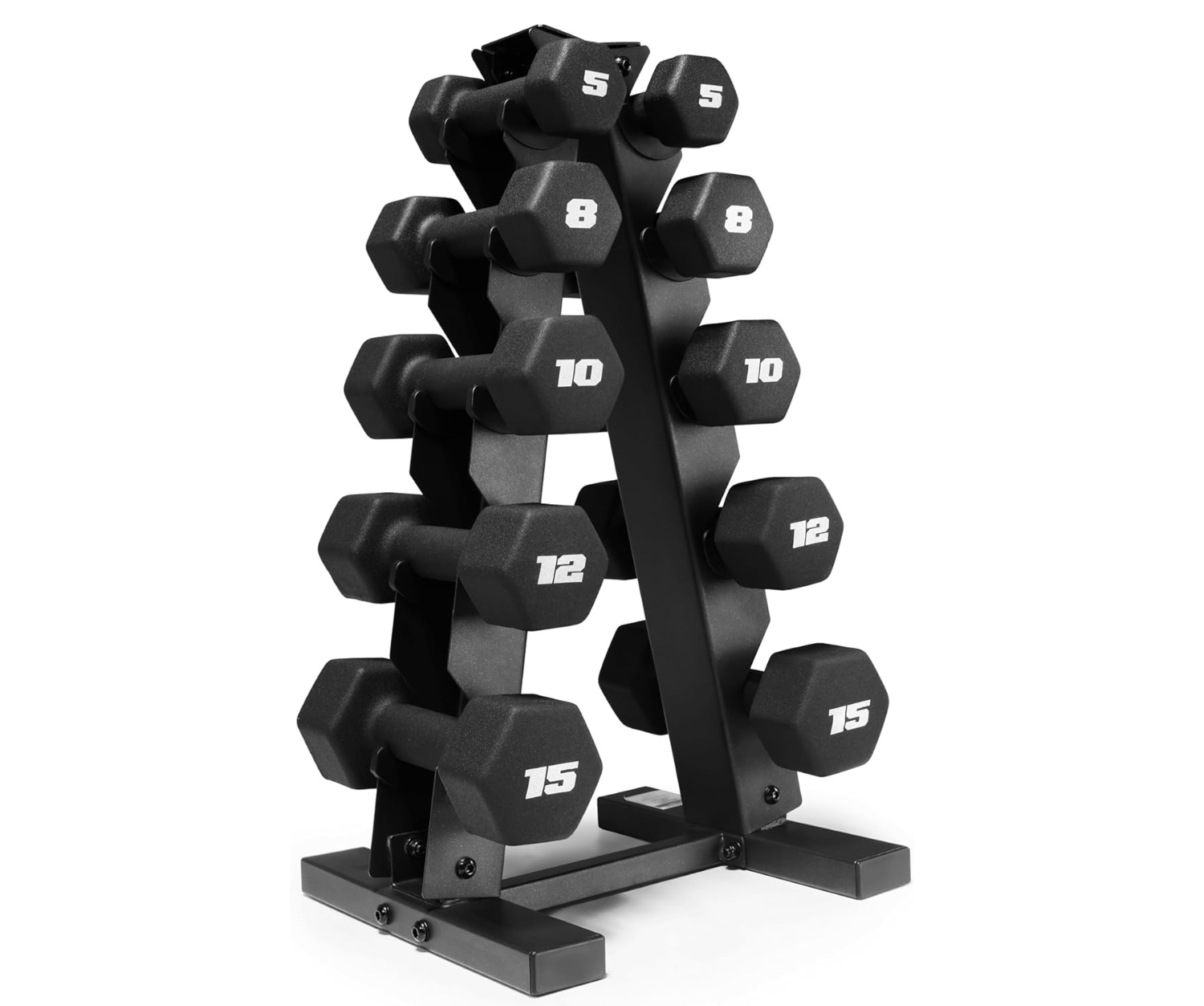 Set of adjustable dumbbells on a stand with numbers indicating weight levels.
