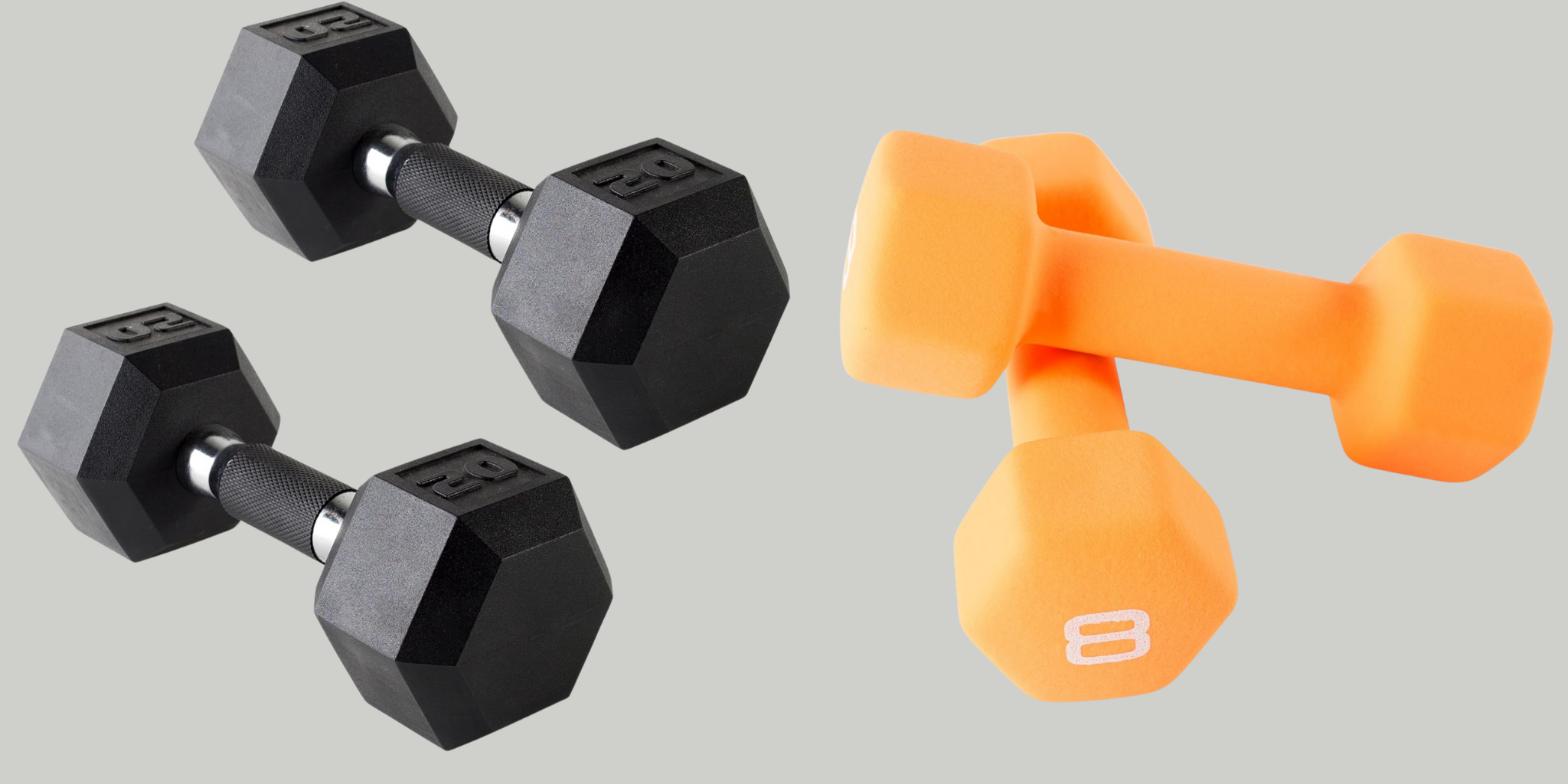 Two pairs of dumbbells, one black and one orange with a brand logo, on a light gray background.