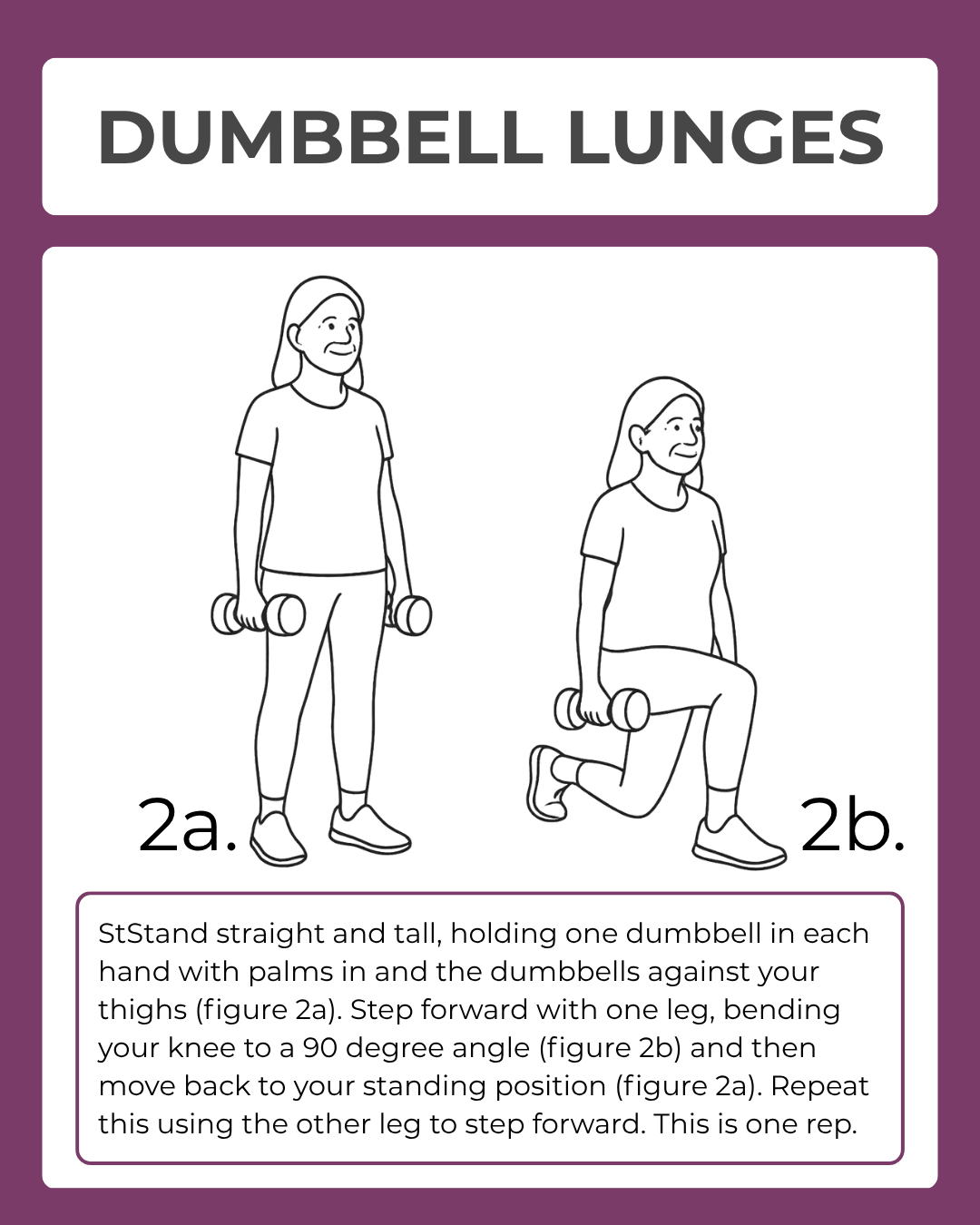 Illustration of a woman performing dumbbell lunges with text instructions on a purple background.