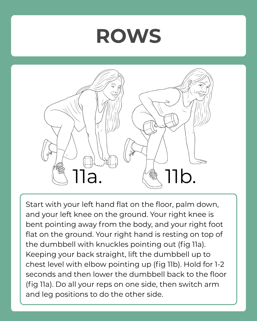 Illustration of a woman performing rows with dumbbells on a green background