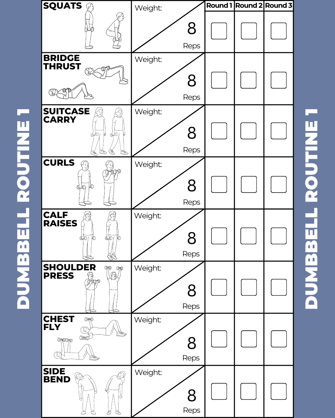 Workout routine chart for dumbbell exercises with illustrations and checkboxes.