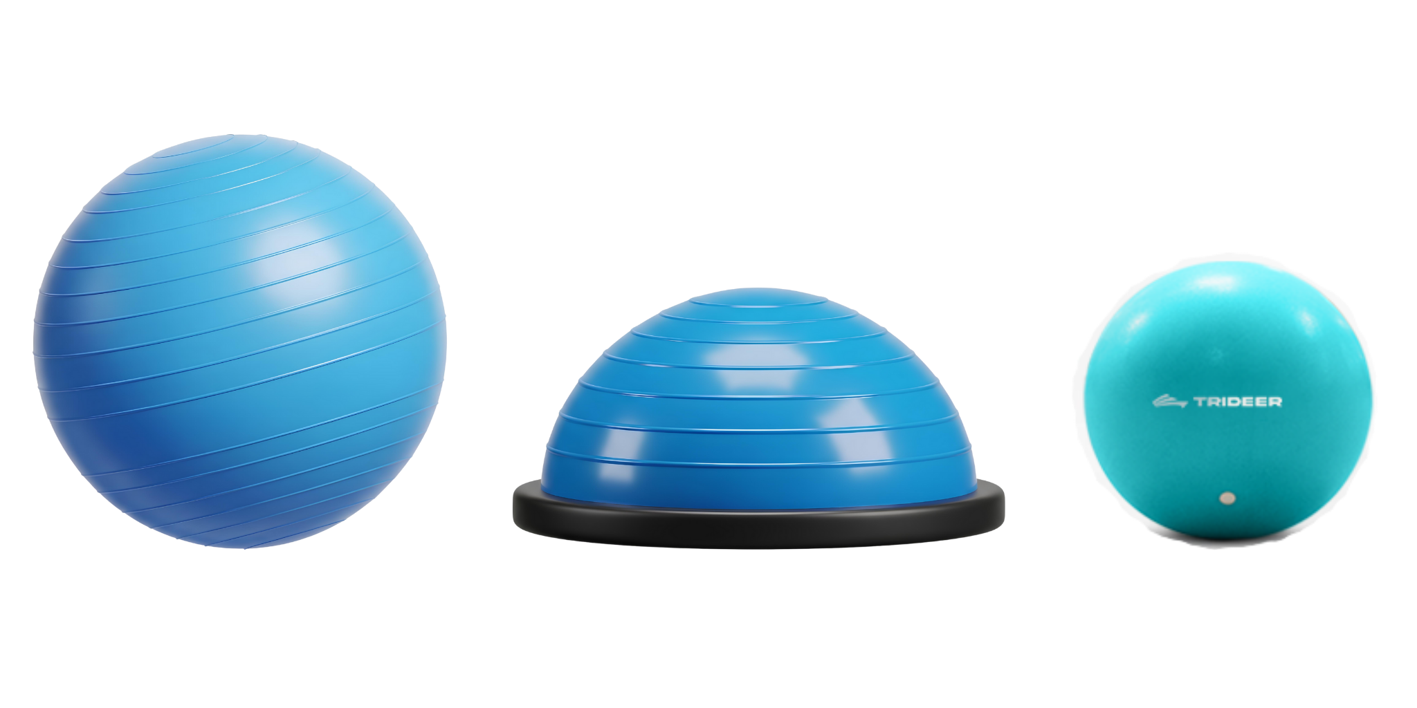 Three blue exercise balls of different sizes on a white background