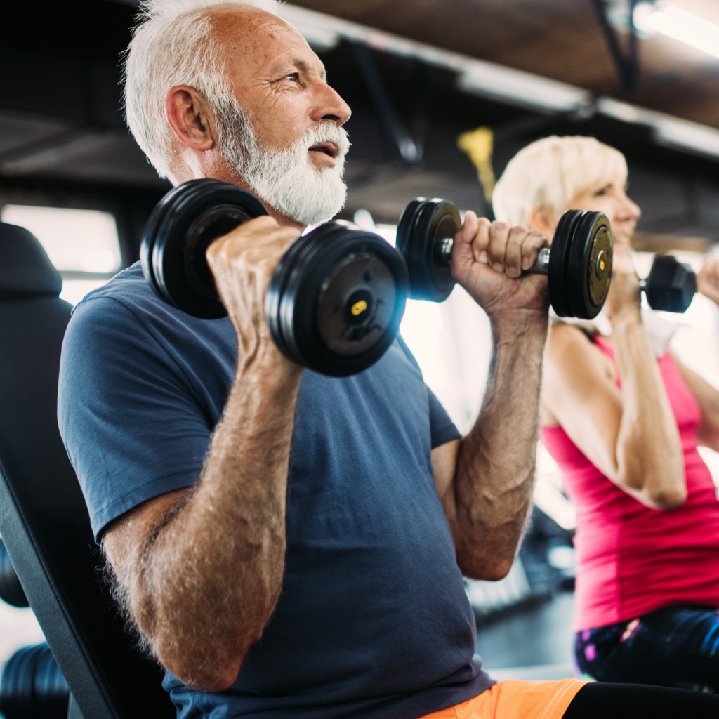 older adult weight lifting on an exercise bench