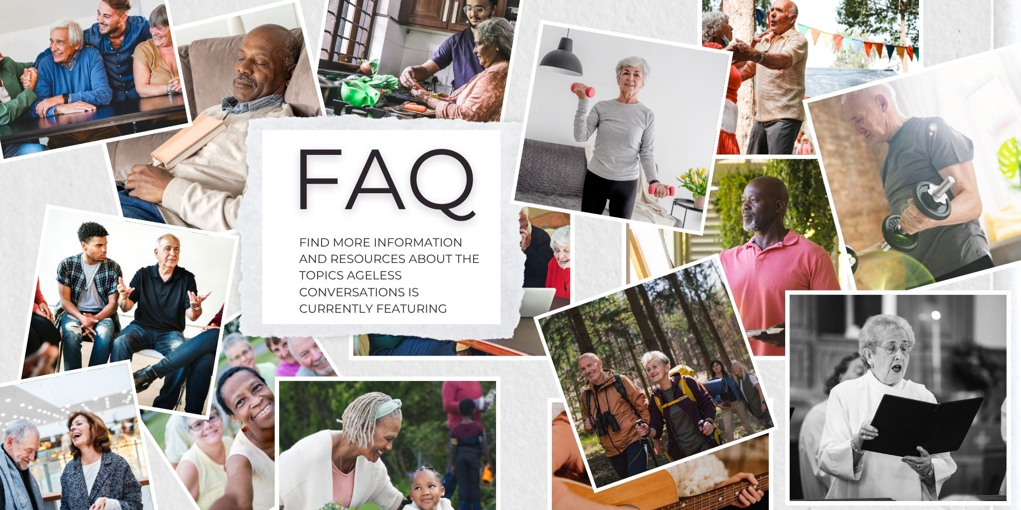 Collage of seniors with a 'FAQ' card overlay