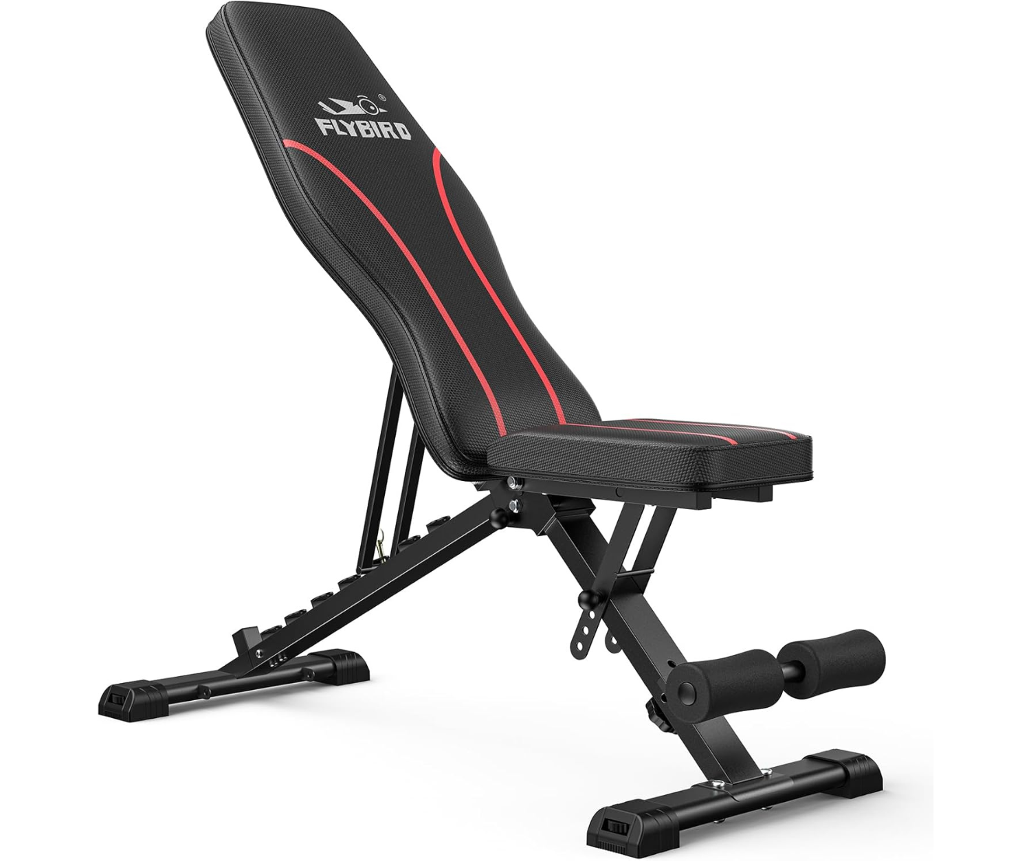 Black and red adjustable weight bench with Flybird logo on a white background