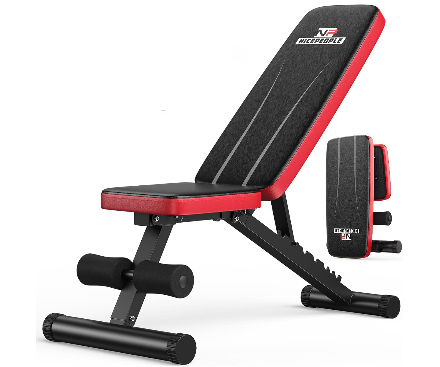 Black and red adjustable weight bench with 'NicePeople' branding on a white background