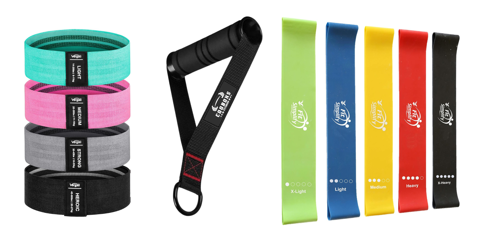 Collection of resistance bands in various colors with a black handle on a white background